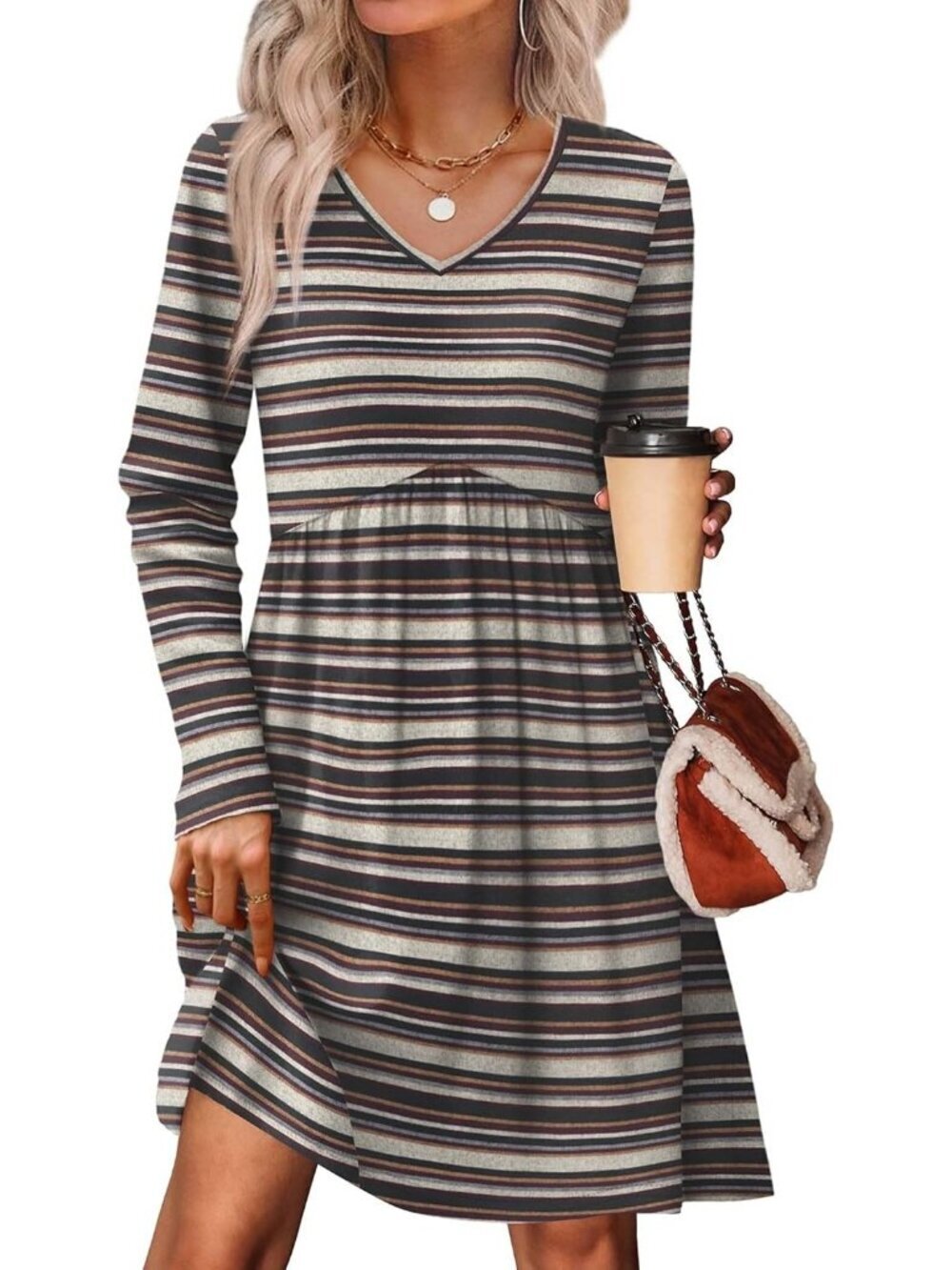 Women's Wine Red Strip Empire Waist Baby Doll Long Casual with Pocket Mini Dress